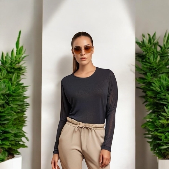 CATHERINE MALANDRINO Black Women Casual Sweater Long Sleeve Drop Shoulder Top - Picture 1 of 5